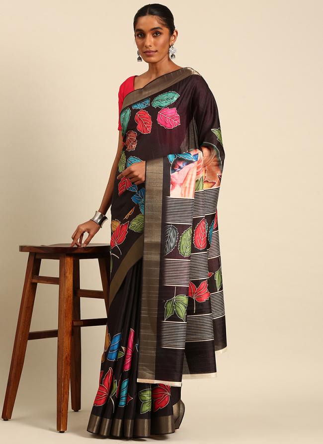 Cotton Black Casual Wear Printed Saree